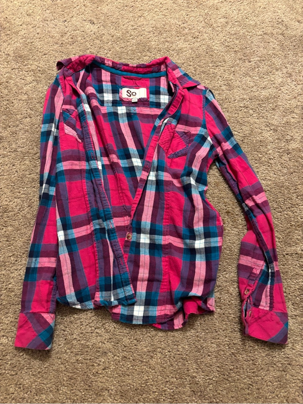 SO Girls' Plaid Button-Down Shirt in Pink, Blue & Purple